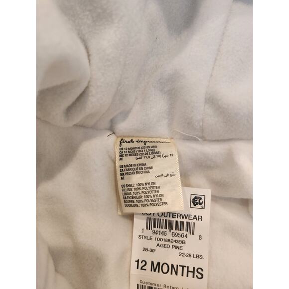 NWT First Impressions Baby Boy Hooded Fleece Lined Jacket Coat 12 Months - Picture 6 of 7